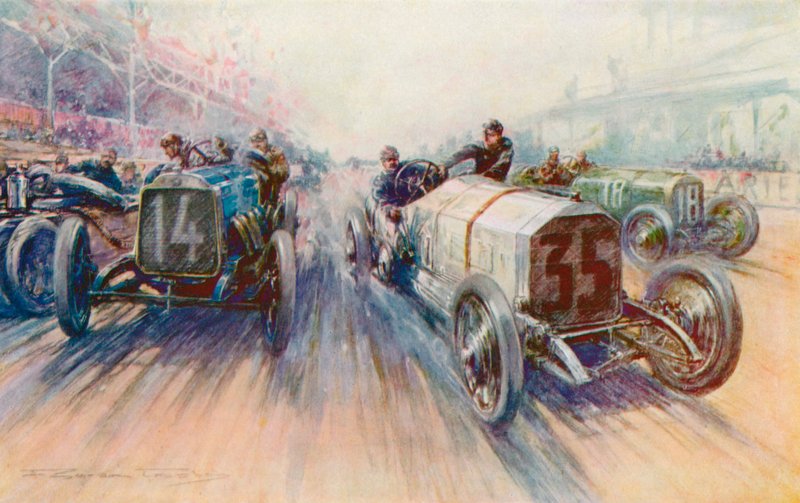 Mercedes blanco Lautenschlager en el Gran Premio de 1908, una carrera en la que los neumáticos se gastaron en grandes cantidades (litografia de color) de Frederick Gordon (after) Crosby