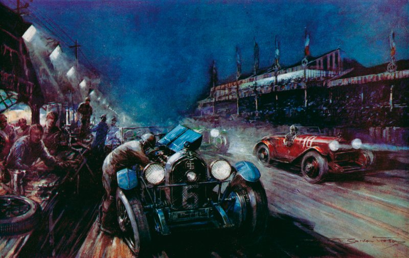 Uno de los exitosos autos Lorraine-Dietrich repostando en boxes durante la carrera nocturna en la carrera de 24 horas de Le Mans (fotografía en color) de Frederick Gordon (after) Crosby