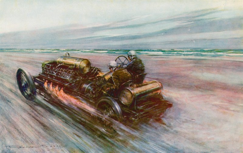El famoso Darracq "200" con el que Sir Algernon Guinness, Bart, alcanzó las 120 mph en 1908 (litografia en color) de Frederick Gordon (after) Crosby