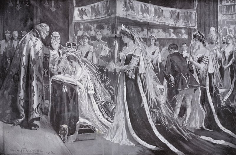 La coronación de la Reina Alexandra, Consorte del Rey Eduardo VII, por el Arzobispo de York, Abadía de Westminster, Londres de Frederick Henry Townsend