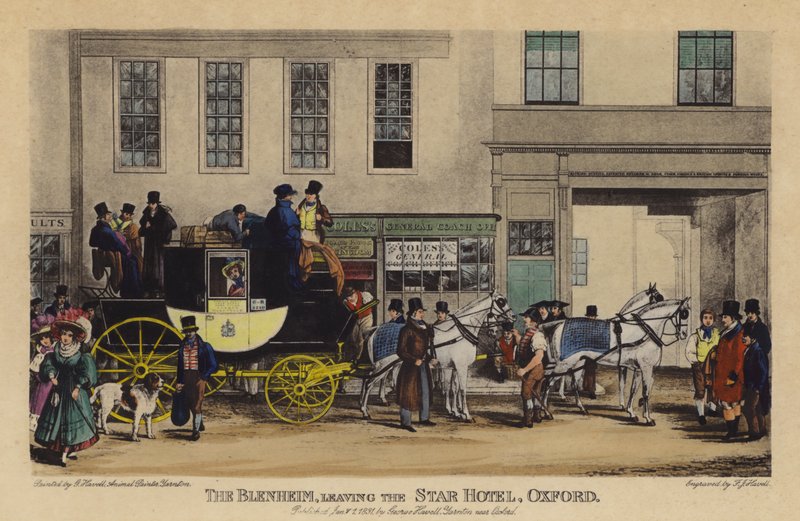 El Blenheim, saliendo del Star Hotel, Oxford de Frederick James Havell