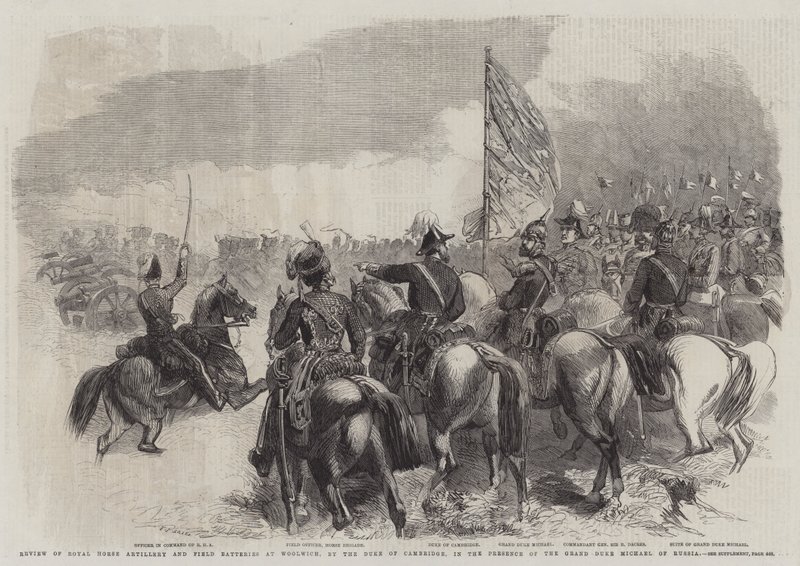 Revisión de la Artillería Real a Caballo y Baterías de Campo en Woolwich, por el Duque de Cambridge, en presencia del Gran Duque Miguel de Rusia de Frederick John Skill