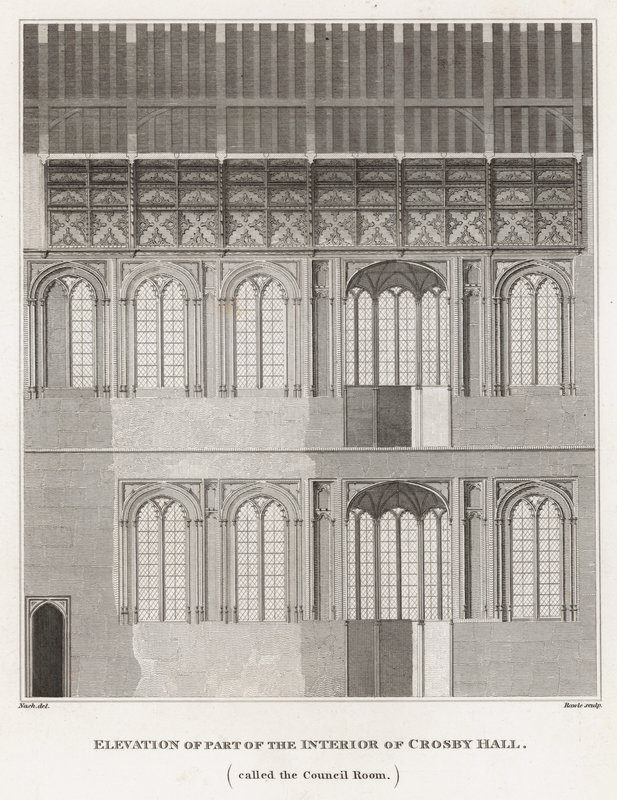 Elevación de parte del interior de Crosby Hall de Frederick Nash