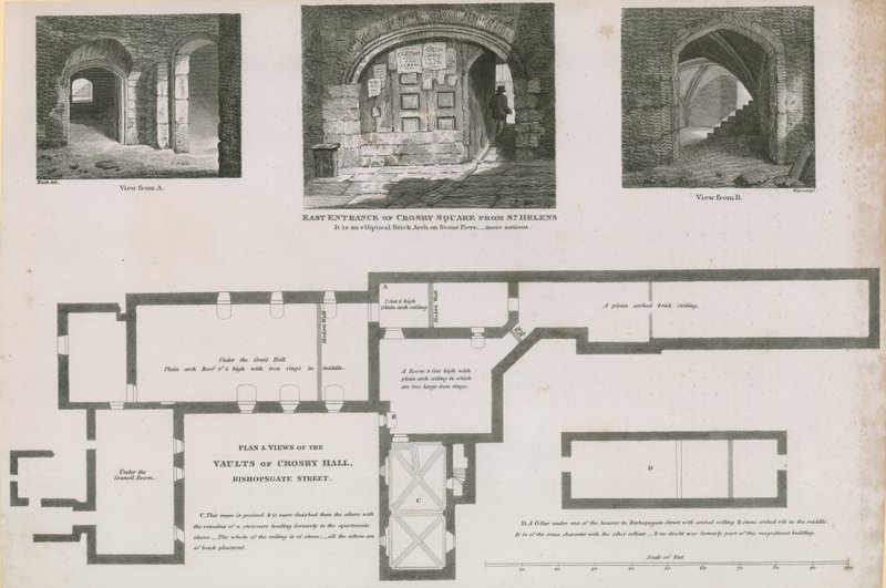 Plano y vistas de las bóvedas de Crosby Hall, Bishopsgate Street de Frederick Nash