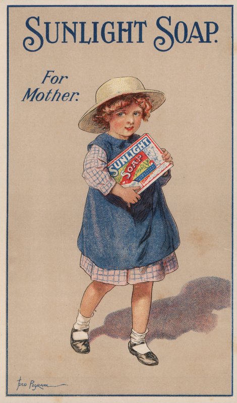 Niña pequeña llevando una caja de jabón para su madre: anuncio de jabón Sunlight de Frederick Pegram
