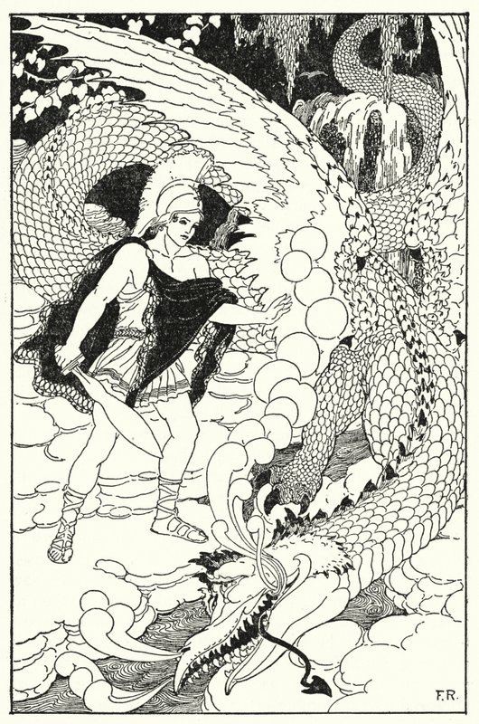 Cuando el dragón vio a Cadmo, emitió otro silbido abominable de Frederick Richardson