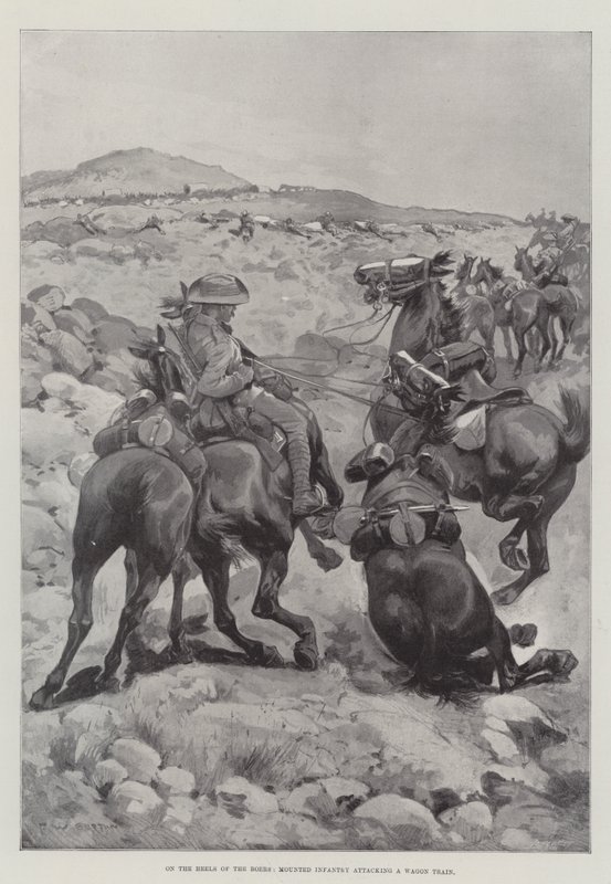 Tras los talones de los bóers, Infantería montada atacando un tren de vagones de Frederick William Burton