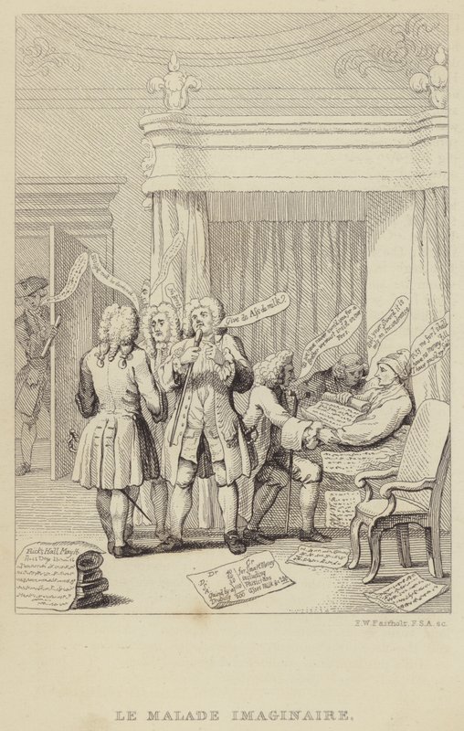Le Malade Imaginaire: sátira que representa al autor y botánico John Hill en la cama siendo consultado por una serie de médicos decididos a asegurar sus honorarios de Frederick William Fairholt