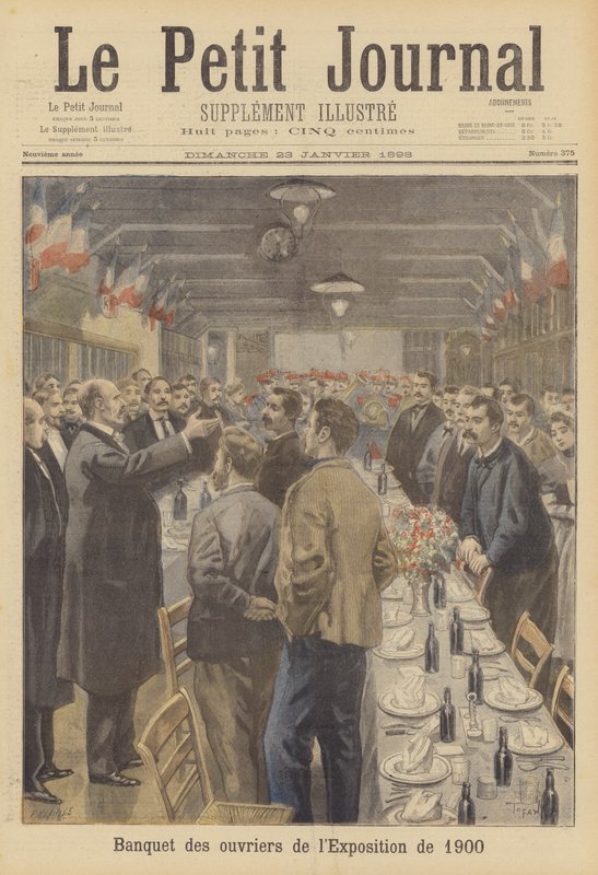 Banquete para los trabajadores que preparan el sitio de la Exposición Universal de 1900 en París de French School
