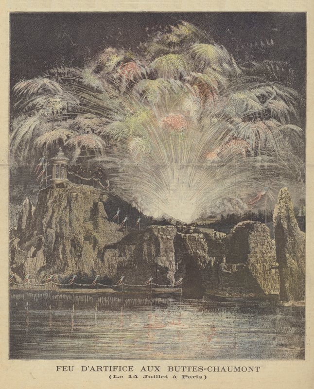Fuegos artificiales del Día de la Bastilla en el Parc des Buttes-Chaumont, París de French School