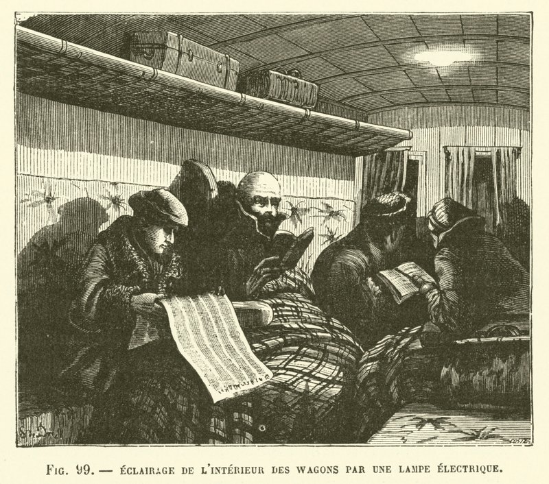 Iluminación del interior de los vagones por una lámpara eléctrica de French School