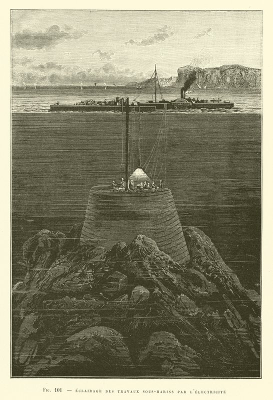 Iluminación de trabajos submarinos por la electricidad de French School