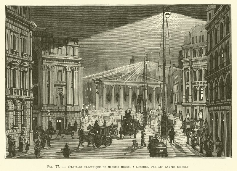 Iluminación eléctrica de Mansion House, en Londres, por las lámparas Siemens de French School