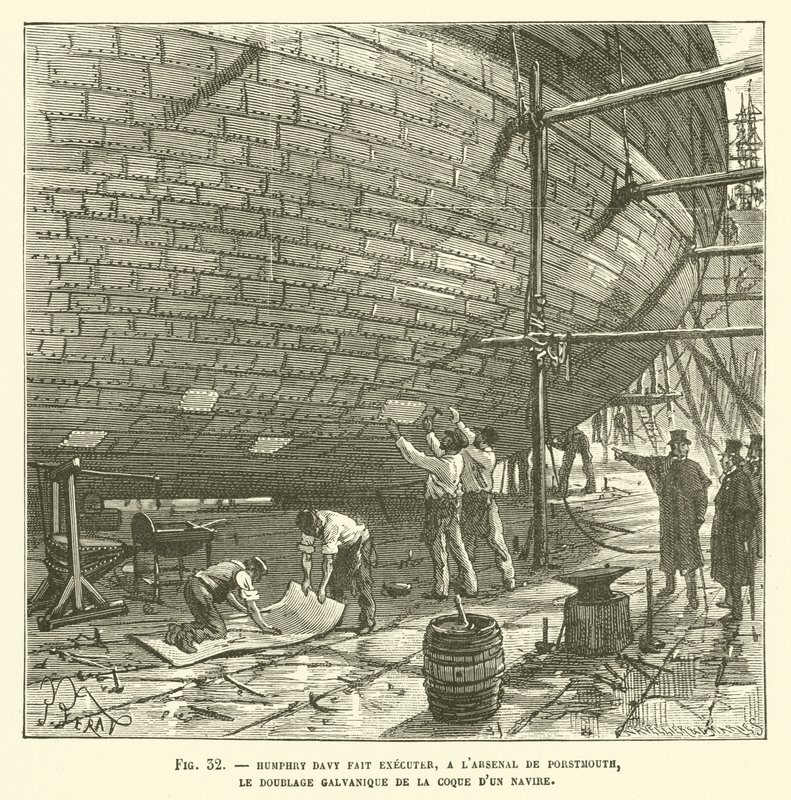 Humphry Davy hace ejecutar, en el Arsenal de Portsmouth, el recubrimiento galvánico del casco de un barco de French School