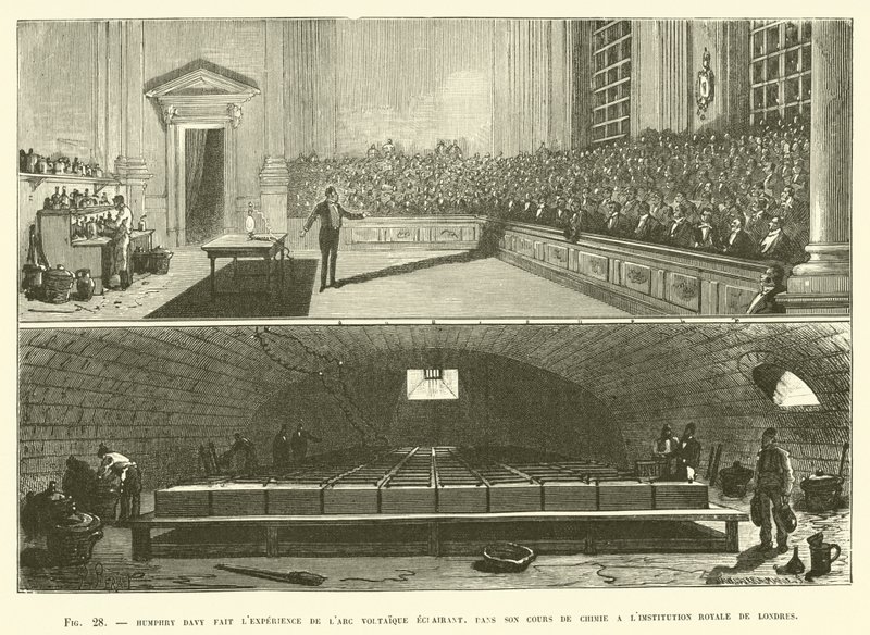 Humphry Davy realiza el experimento del arco voltaico iluminando, en su curso de química de French School