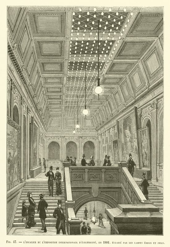 La escalera de la Exposición Internacional de Electricidad, en 1881, iluminada por las lámparas de Edison y Swan de French School