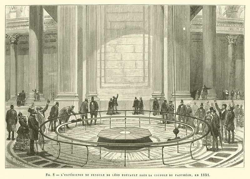 La experiencia del péndulo de Léon Foucault bajo la cúpula del Panteón, en 1851 de French School