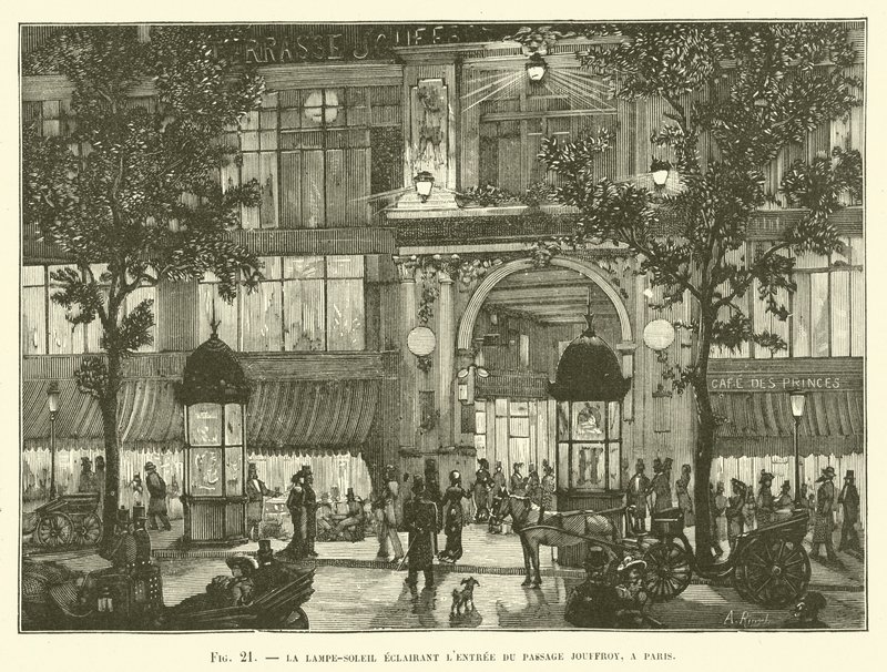 La lámpara-sol iluminando la entrada del pasaje Jouffroy, en París de French School