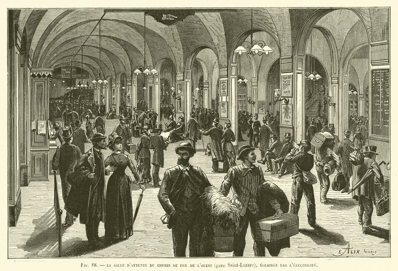 La sala de espera del ferrocarril del Oeste (estación Saint-Lazare), iluminada por la electricidad de French School