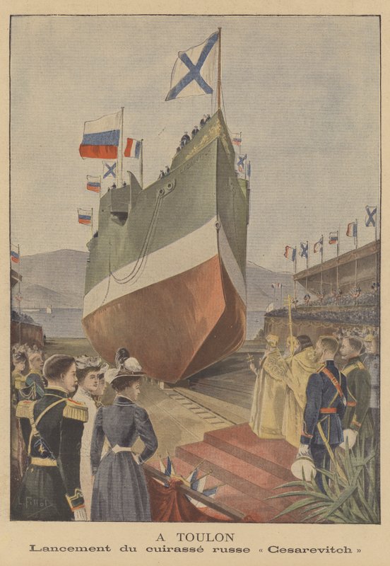 Lanzamiento del acorazado ruso Tsesarevich en Toulon de French School