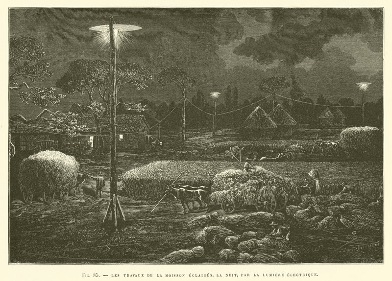 Los trabajos de la cosecha iluminados, de noche, por la luz eléctrica de French School