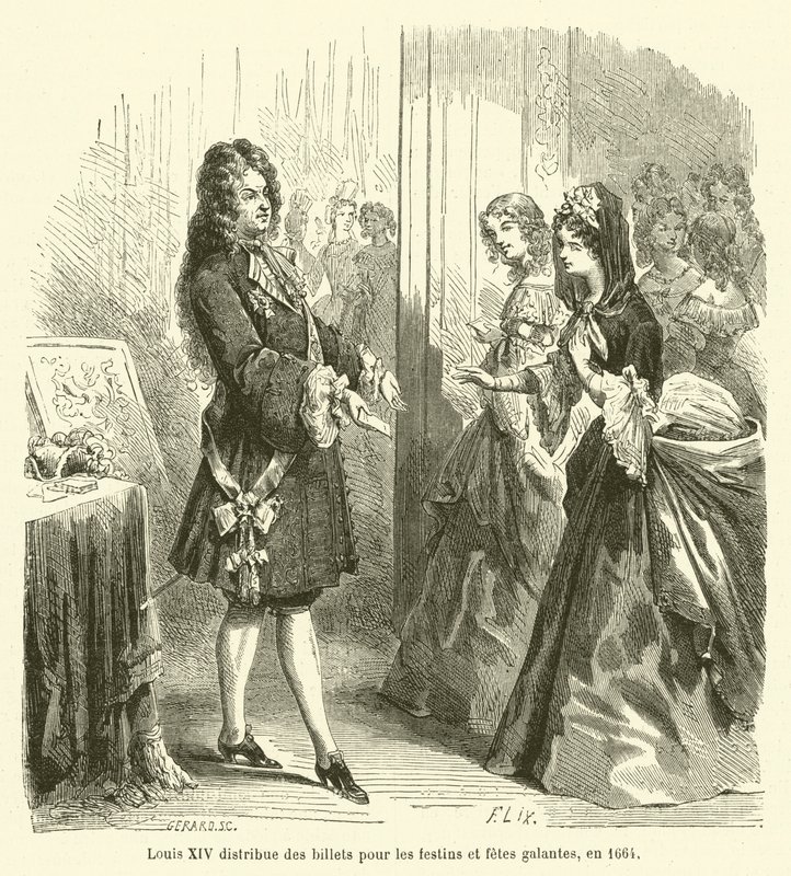 Luis XIV distribuye boletos para los festines y fiestas galantes, en 1664 de French School
