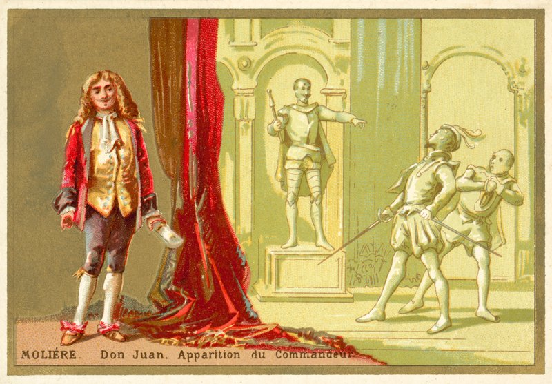 Molière, dramaturgo francés, y una escena de su obra Don Juan de French School