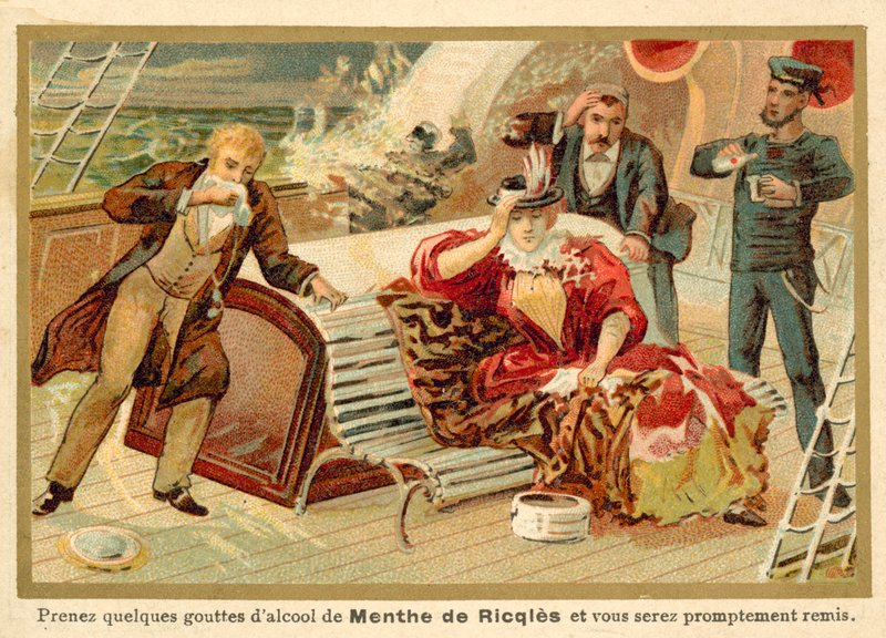 Pasajeros en un barco recibiendo espíritu de menta Ricqlès para curar su mareo de French School