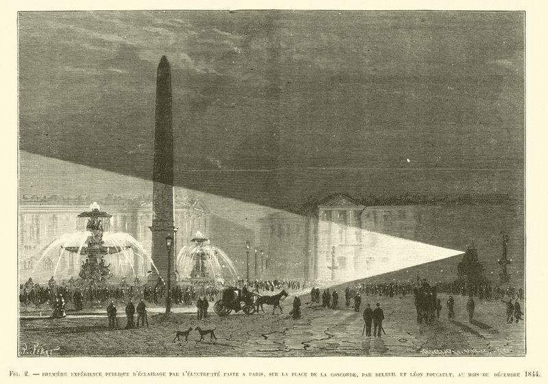 Primera experiencia pública de iluminación por la electricidad hecha en París, en la plaza de French School