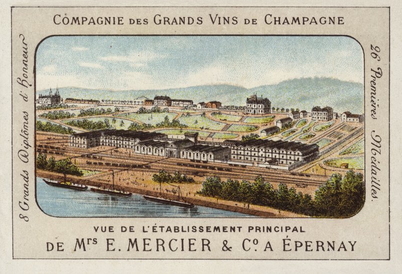 Establecimiento principal de E Mercier y Co, productores de champán, Epernay, Francia (cromolitografía) de French School
