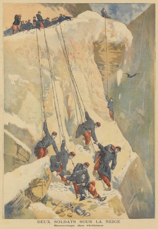 Rescate de dos soldados franceses enterrados por una avalancha en los Alpes de French School