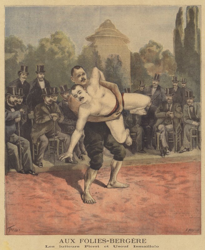 Los luchadores Pierri y Usouf Ismaillolo en el Folies-Bergere de French School