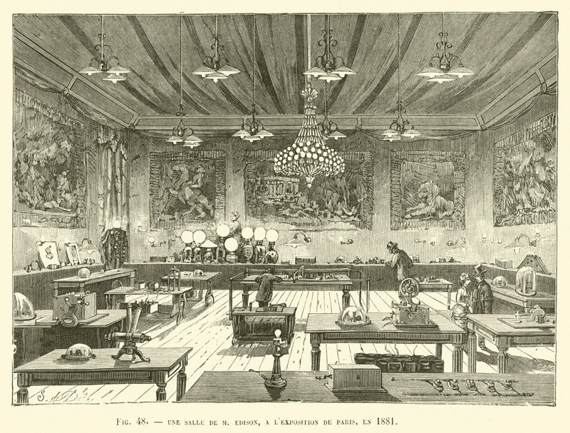 Una sala de M. Edison, en la Exposición de París, en 1881 de French School