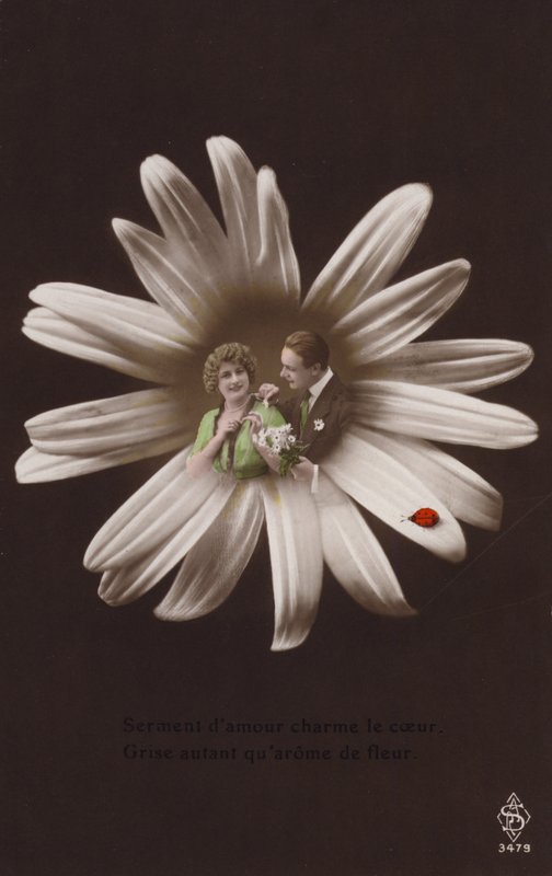 Una pareja joven en el centro de una flor con una mariquita de French Photographer