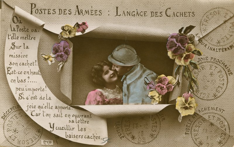 Tarjeta explicando los usos de las postales para aquellos con hombres en el ejército de French Photographer
