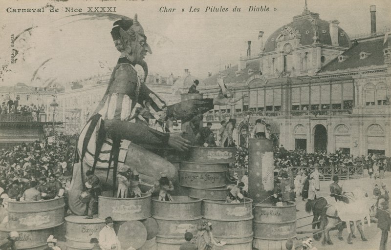 Carnaval de Niza, Carroza, Las Píldoras del Diablo. Postal enviada en 1913. de French Photographer