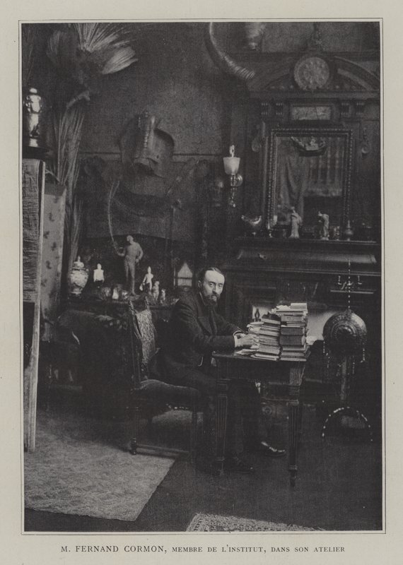Pintor francés Fernand Cormon en su estudio (litografía en color) de French Photographer