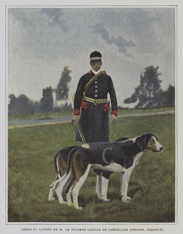 Perro y cazador con el uniforme de la caza del vizconde Gaetan de Chezelles, Francia de French Photographer