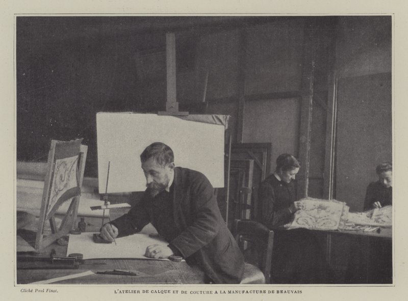 Taller de trazado y costura en la Manufactura de Tapices de Beauvais, Francia de French Photographer