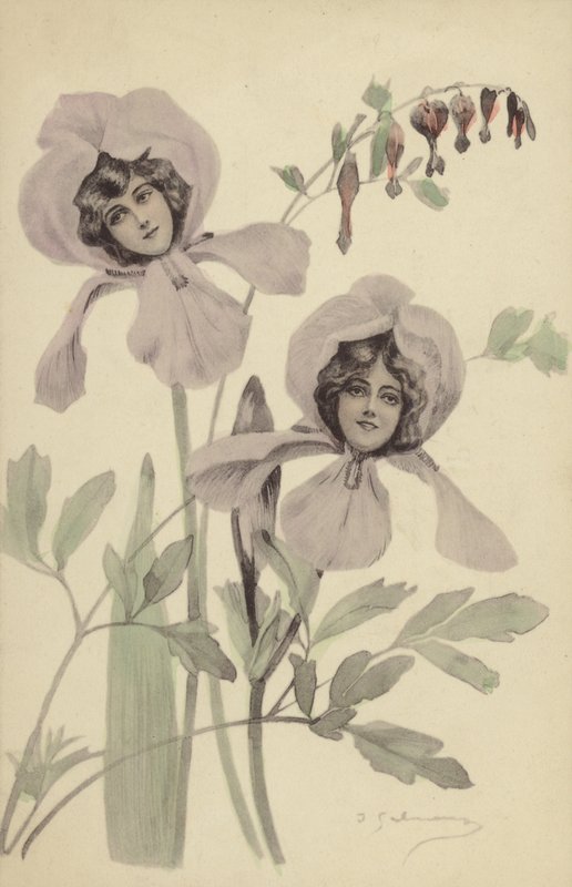 Dos flores de iris cada una con el rostro de una joven de French Photographer