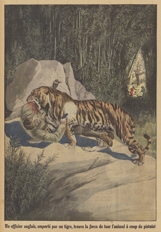 Un oficial británico, llevado por un tigre, encuentra la fuerza para matar al animal con su pistola de French School