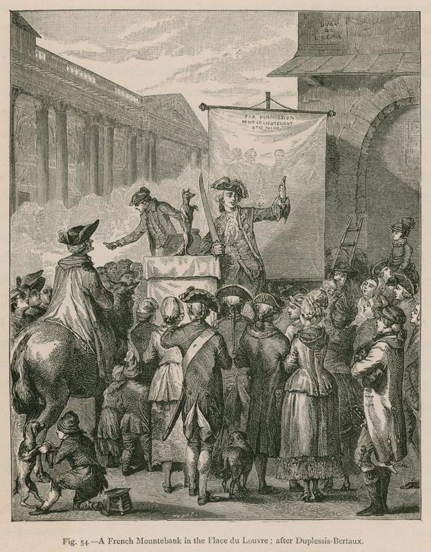 Un charlatán francés en la Place du Louvre; después de Duplessis-Bertaux de French School