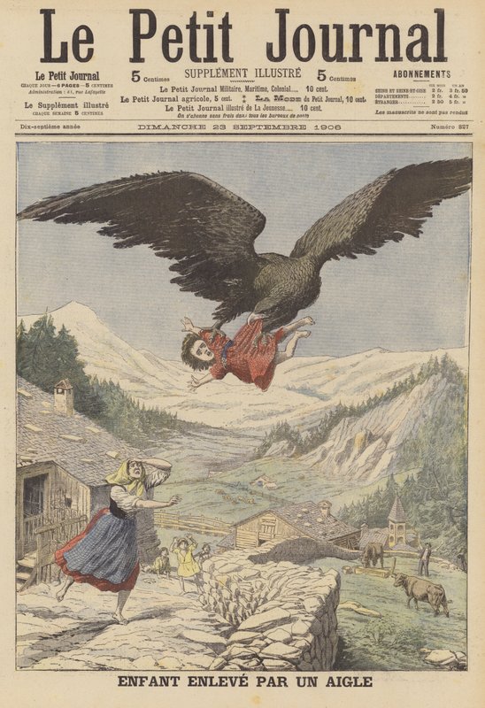 Un niño llevado por un águila en los Alpes italianos de French School