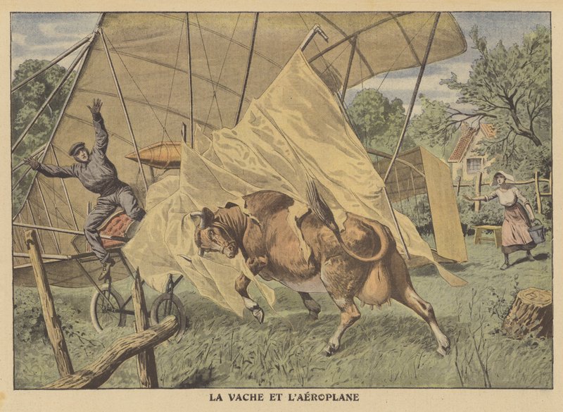 Una vaca atacando un avión en el Medio Oeste americano de French School