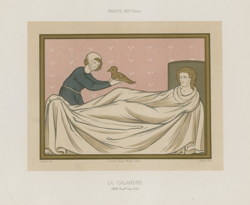 Una figura presentando un pájaro a una persona acostada en la cama de French School
