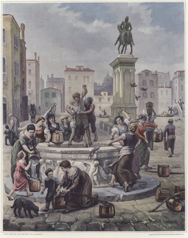 Un grupo de mujeres recogiendo agua de un pozo en Venecia de French School