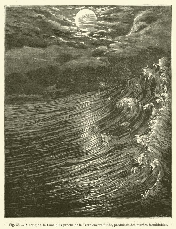 En el origen, la Luna más cerca de la Tierra aún fluida, producía mareas formidables de French School