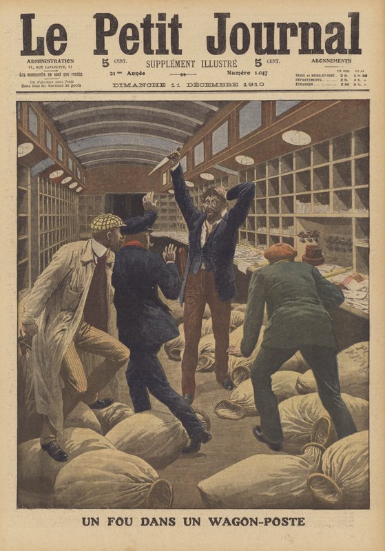 Un loco en un vagón de correo en un tren llegando a París de French School