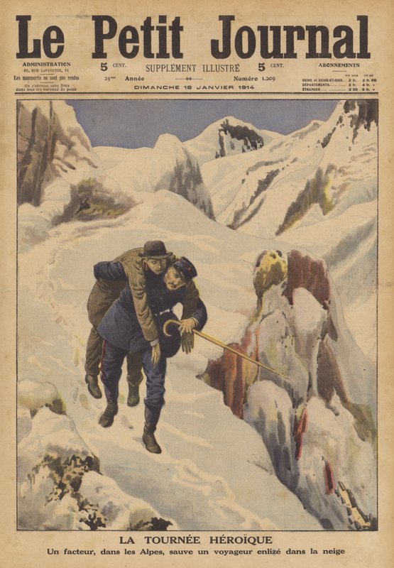 Un cartero salvando a un viajero perdido en la nieve en los Alpes de French School