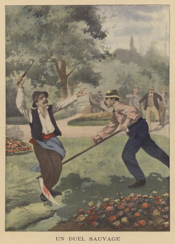 Un duelo salvaje (litografía en color) de French School